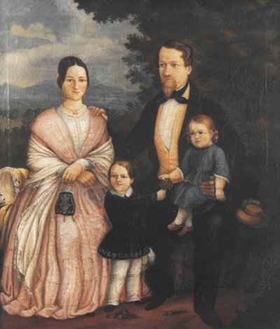 Autoritratto di Joseph Bayer con la moglie Lisette Bayer nata Kerner, e i figli Eugen (* 1846) e Albert (* 1851); dipinto a olio, 1853 da Joseph Bayer